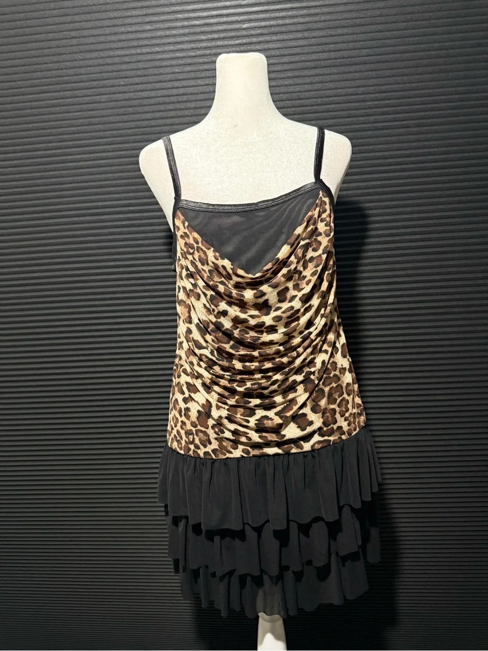Leopard Print Cowl Neck Slip Dress with Black Tiered Skirt